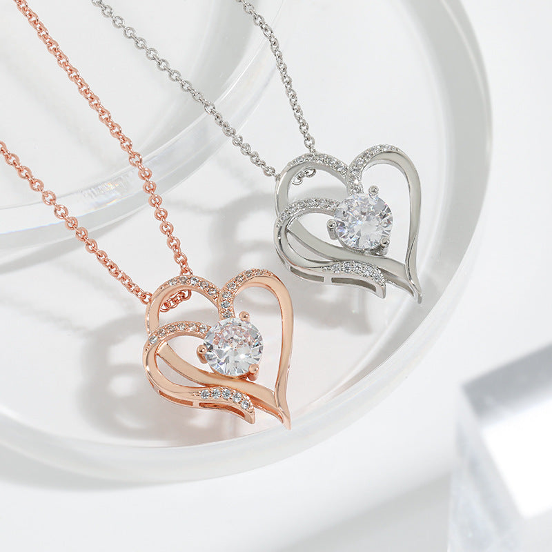 Double Love Necklace With Rhinestones Heart-shaped Necklace Clavicle Chain