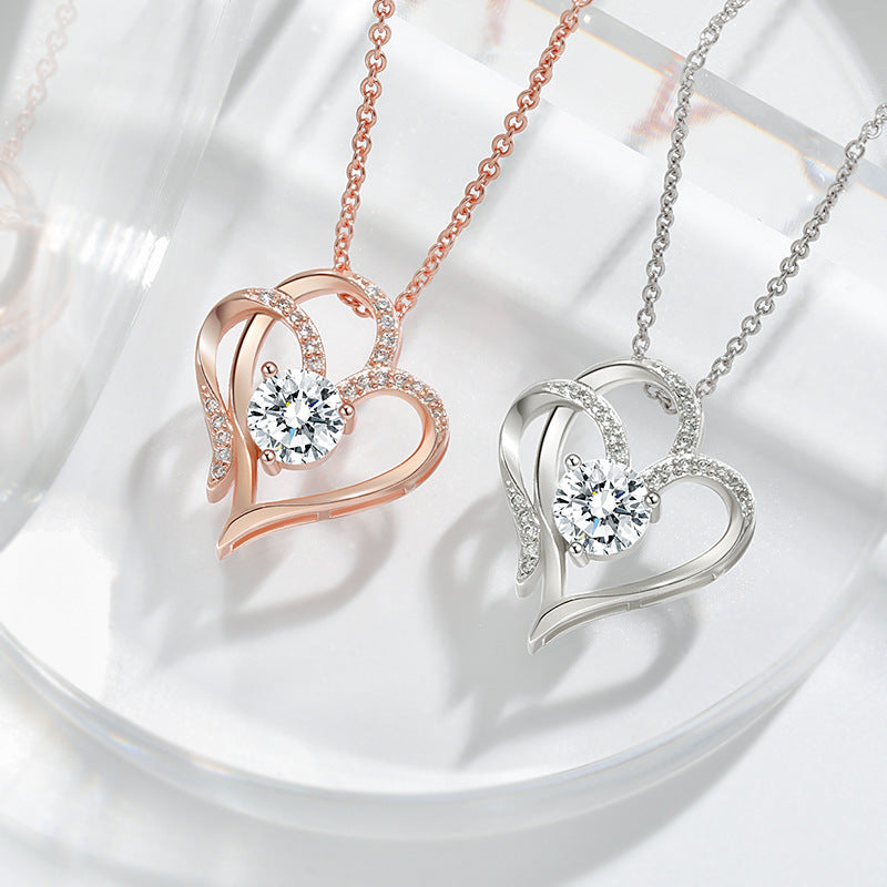 Double Love Necklace With Rhinestones Heart-shaped Necklace Clavicle Chain