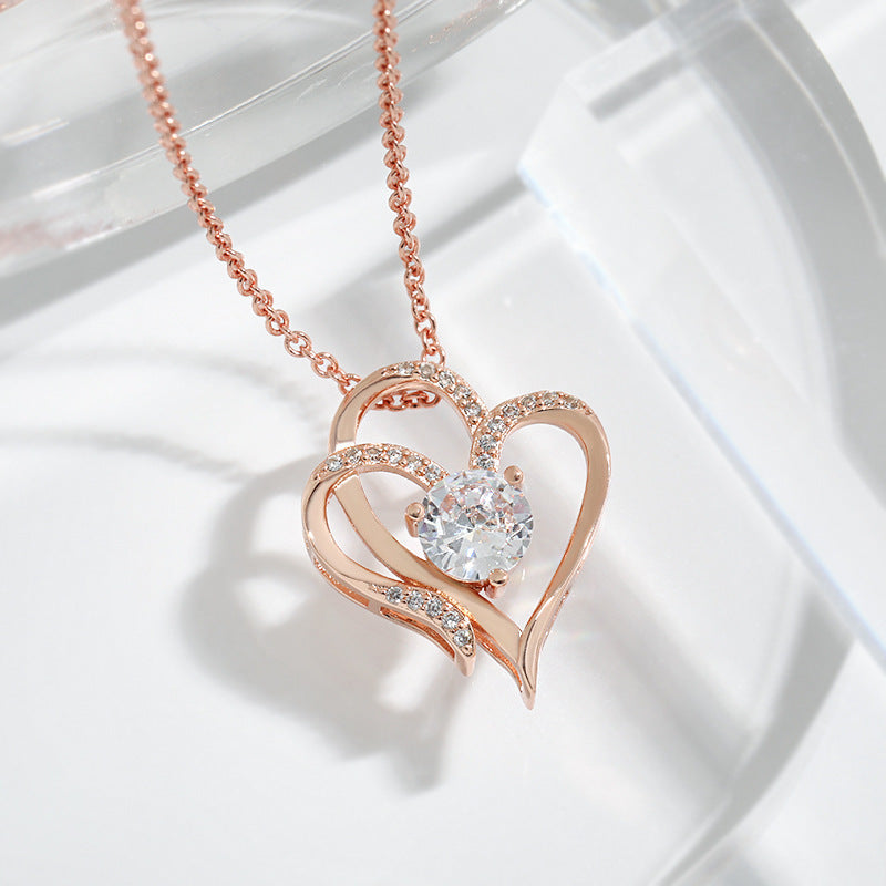 Double Love Necklace With Rhinestones Heart-shaped Necklace Clavicle Chain