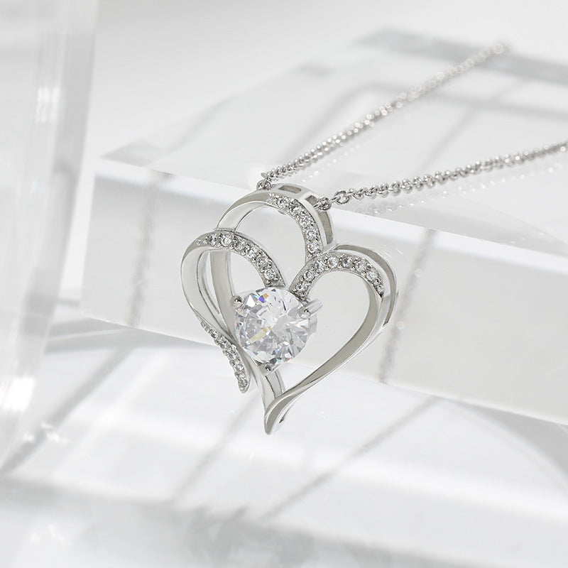 Double Love Necklace With Rhinestones Heart-shaped Necklace Clavicle Chain