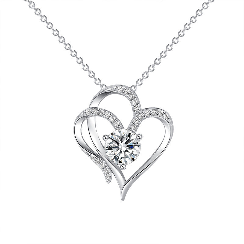 Double Love Necklace With Rhinestones Heart-shaped Necklace Clavicle Chain